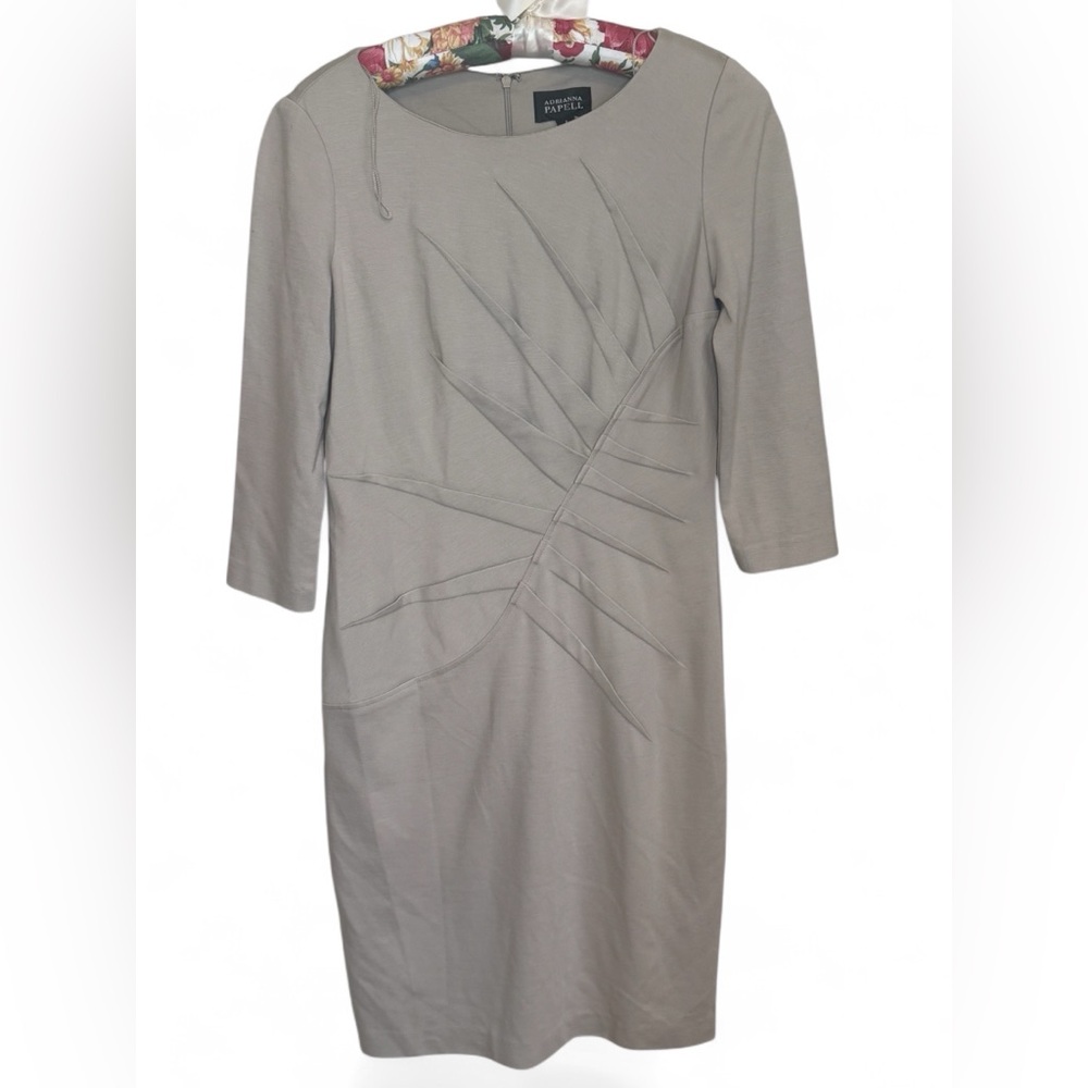 Adrianna Papell Dress Women 4 Taupe Neutrals 3/4 Sleeve Ruched Stretch Knit Midi